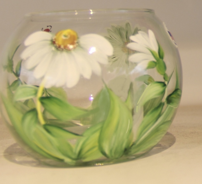 Hand painted glass bowl with daisies