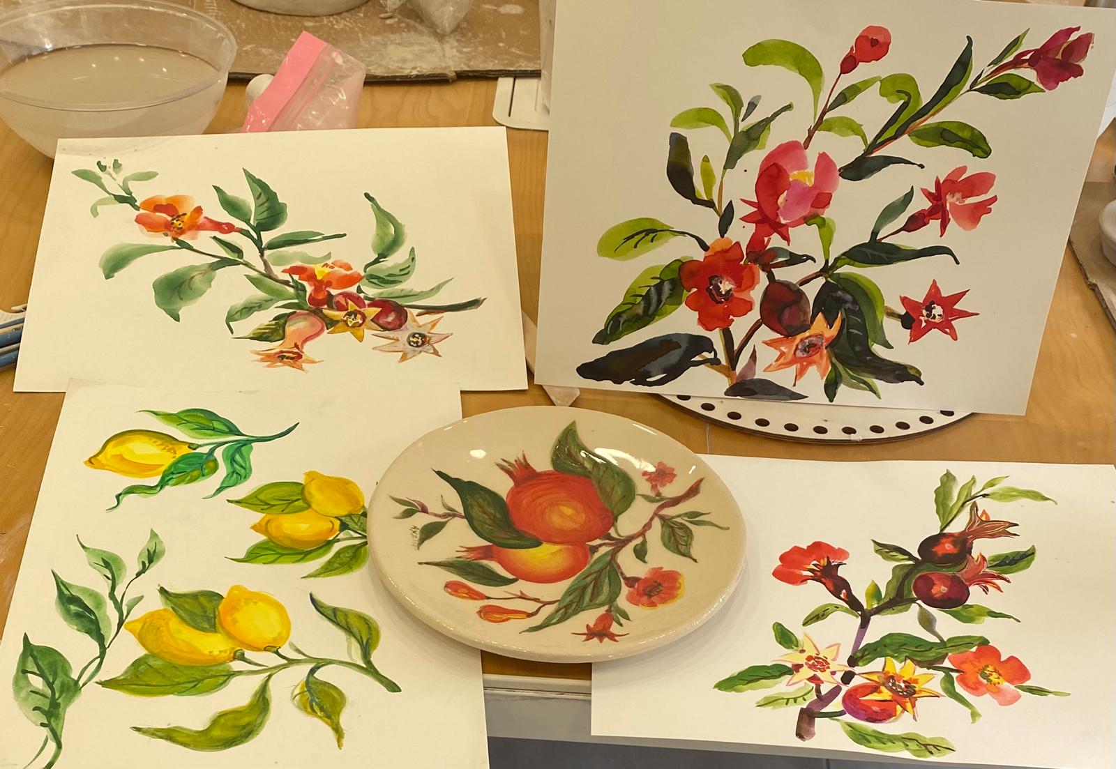 Painted botanical plates in progress