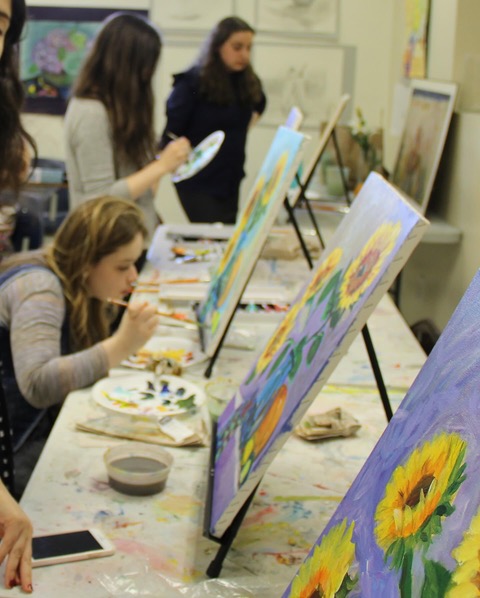 Student painting sunflowers