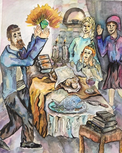Watercolor Shabbat scene