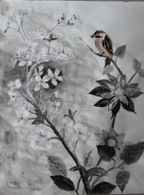 Charcoal bird on a branch