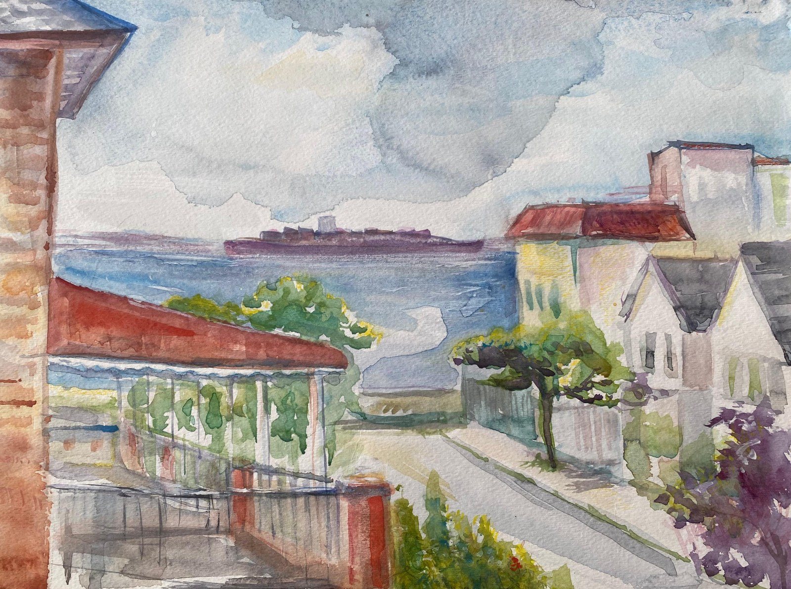 Watercolor of a hillside street overlooking the sea
