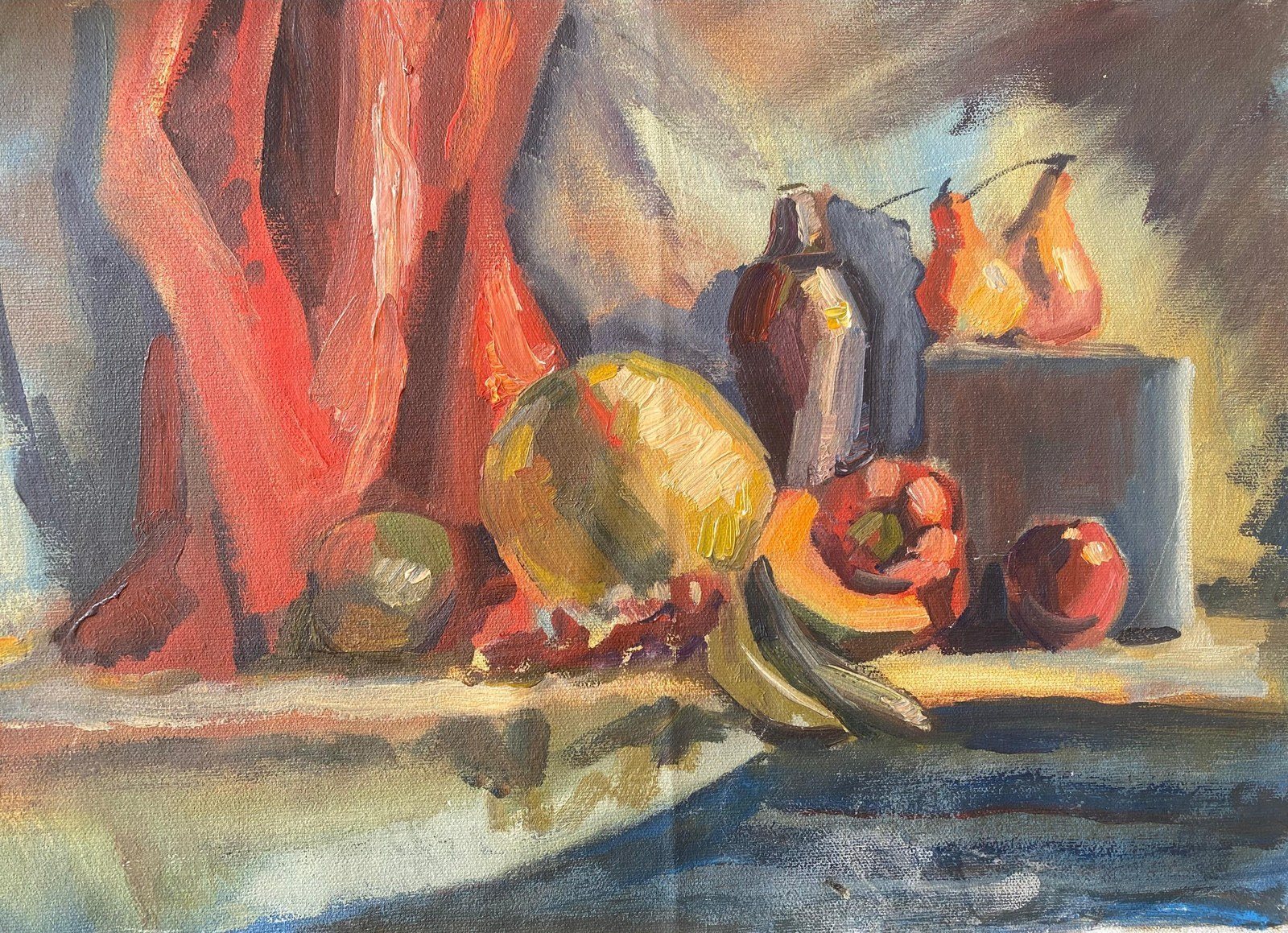 Oil still life with vegetables and red drapery